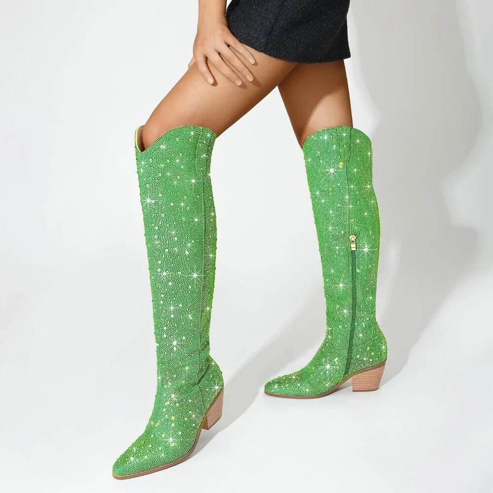 Women Green Faux Leather Sparkly Bling Rhinestone Over the Knee Cowboy Boots